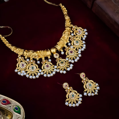 Amrutha Premium Hasli Temple AD Necklace Set - Golden