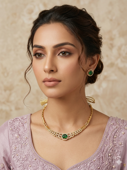 Yasira American Diamond Necklace Set - Golden & Green