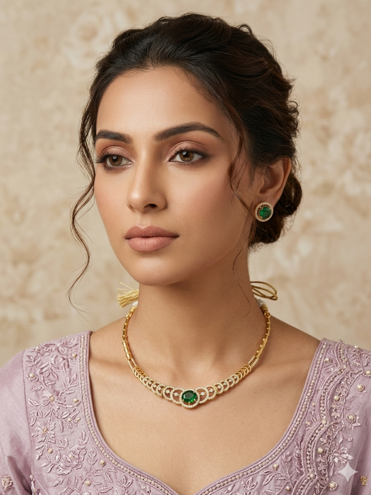 Yasira American Diamond Necklace Set - Golden & Green