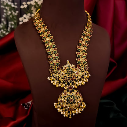 Chandrika Temple Motif Long Necklace Set - Pink & Green