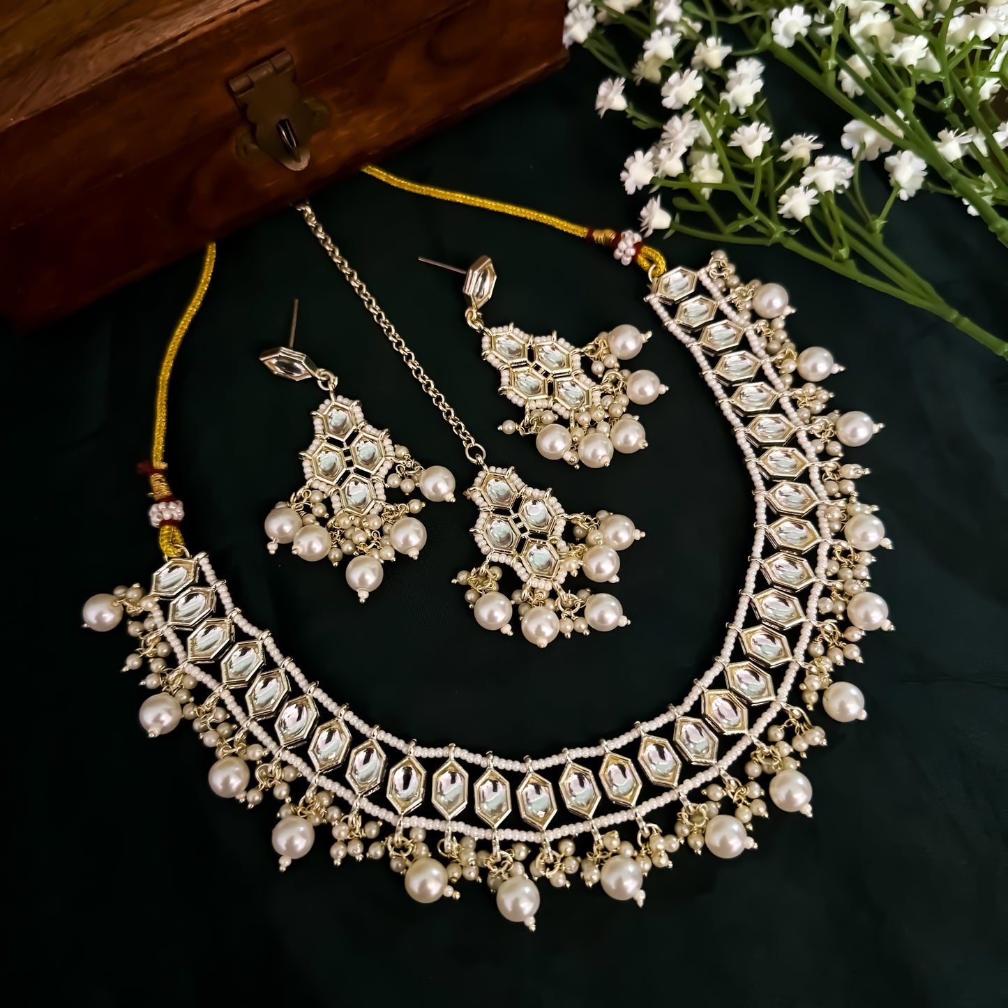 Rismat Kundan Pearl Necklace Set - Golden