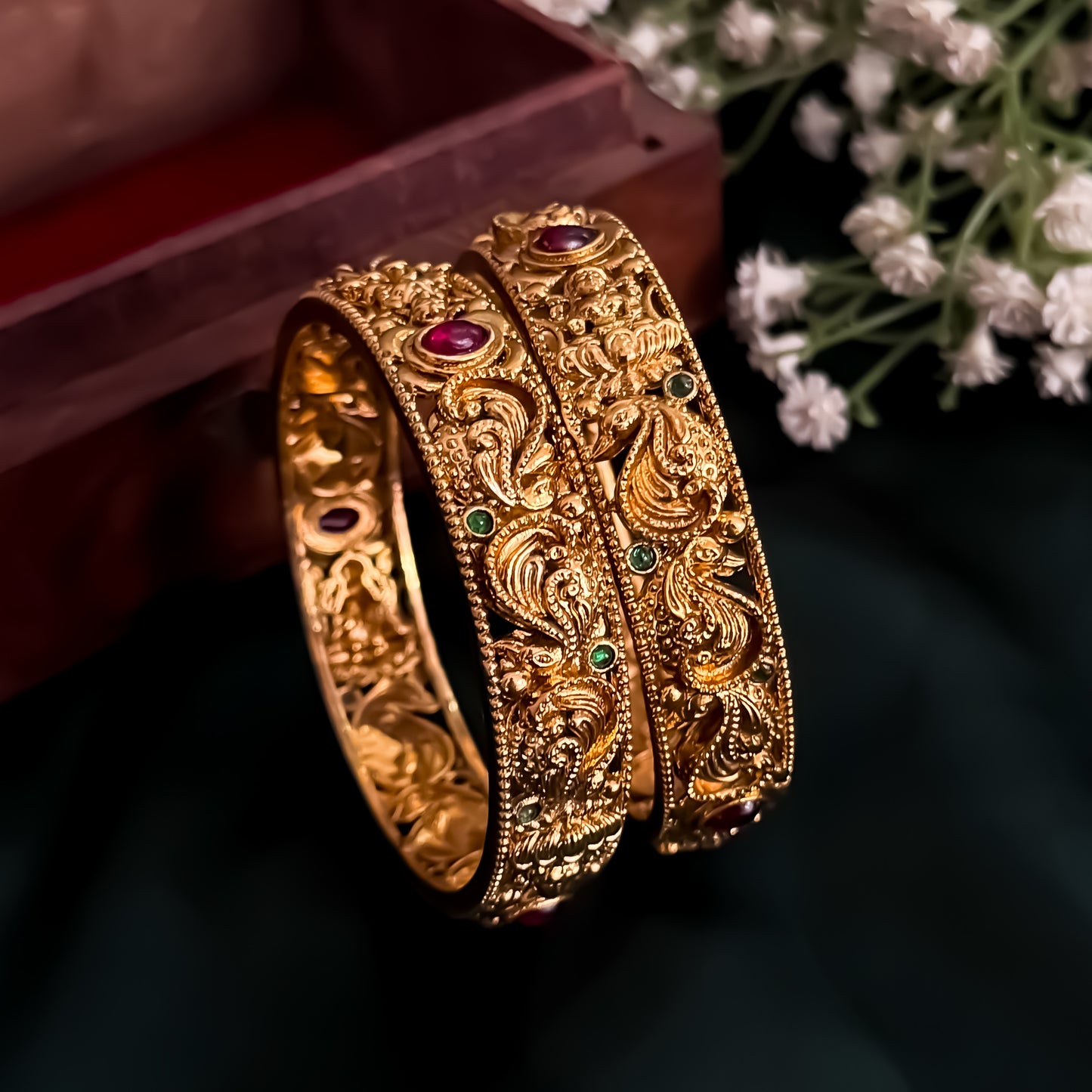 Padmini Peacock Temple Gold Bangles - Set of 2 (Golden)
