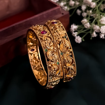 Padmini Peacock Temple Gold Bangles - Set of 2 (Golden)