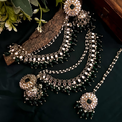 Masaba Mirror Jhumka Earrings with Sahara & Tika Set - Green