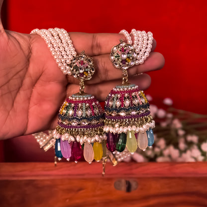 Mehvish Jadau Reverse AD Jhumka Earrings with Earchain - Multi