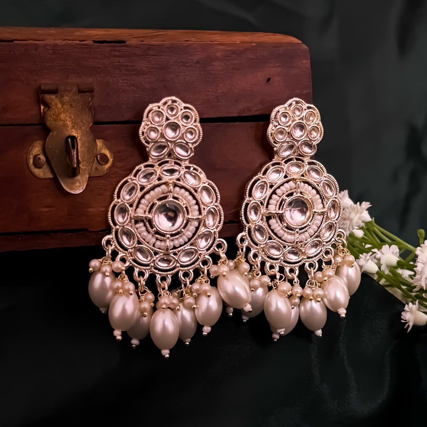 Subheksha Pearl Chandbali Earrings - Golden