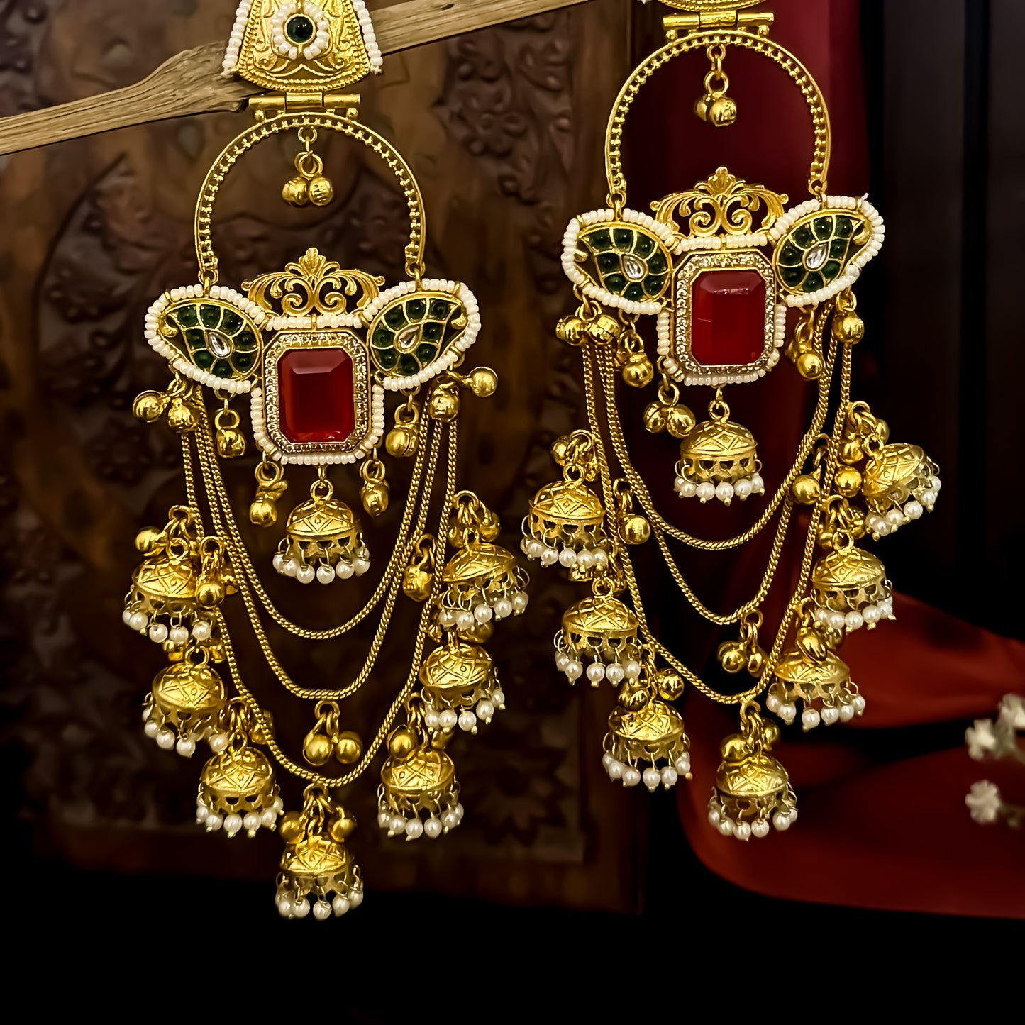 Masakali Premium Kashmiri Brass Ghungroo Chandbali Earrings - Red & Green