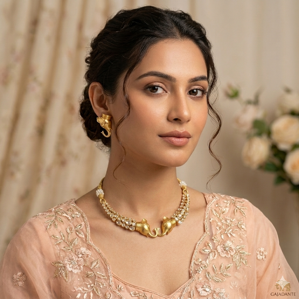 Ella Elephant Polki Mini Necklace Set - Golden