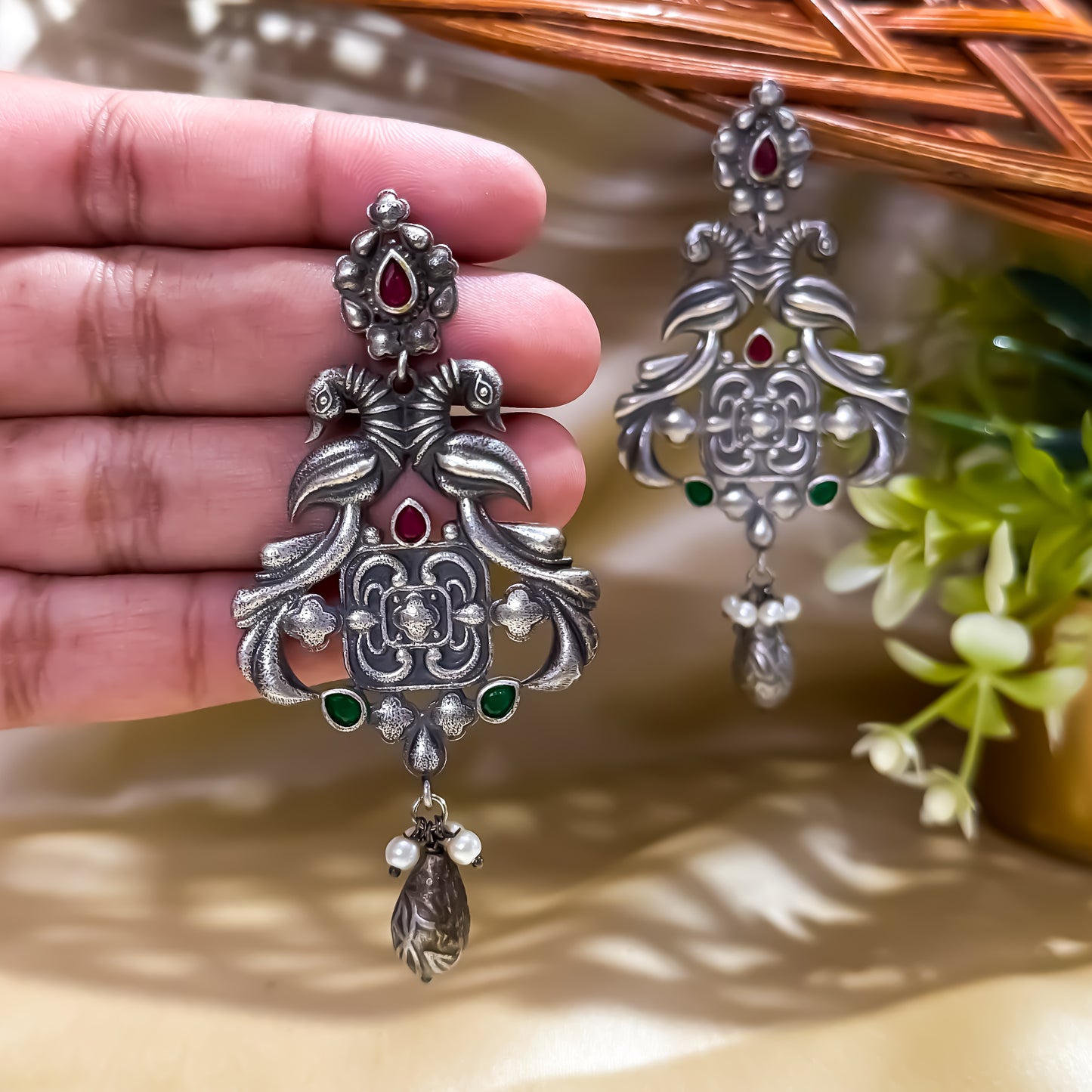 Ruhani Handcrafted SLA Brass Earrings - Ruby & Green