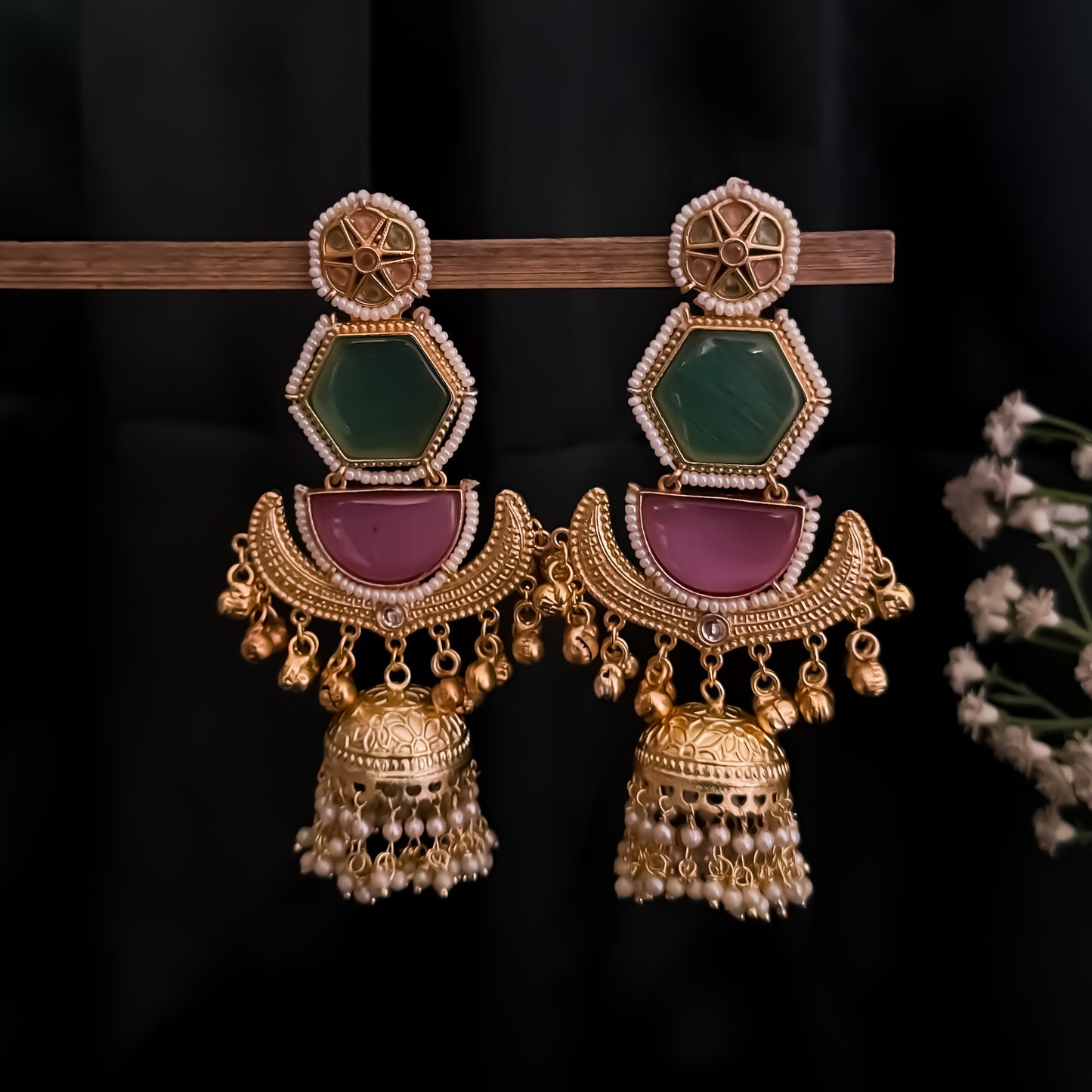 Kaviri Premium Kashmiri Brass Jhumka Ghungroo Earrings - Mint Green & Pink