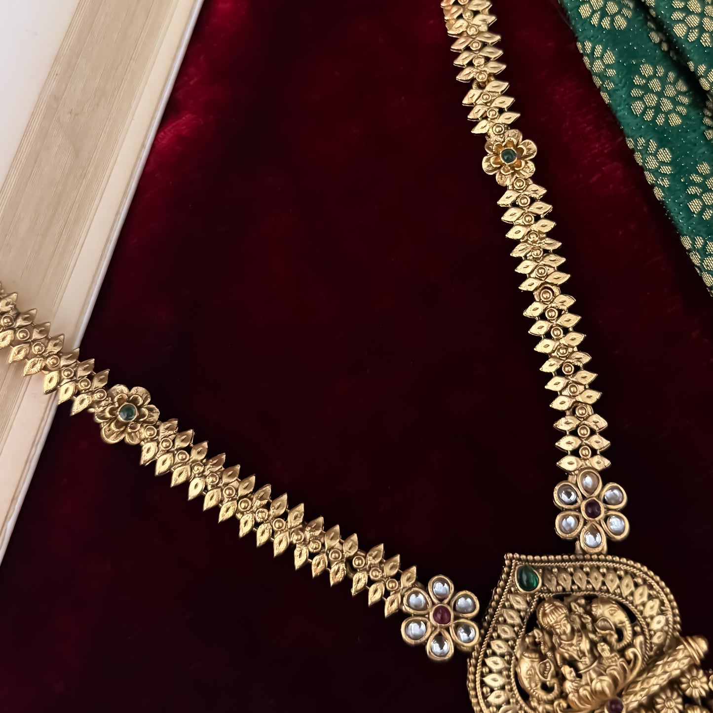Swarna Long Temple Necklace Set - Pink & Green