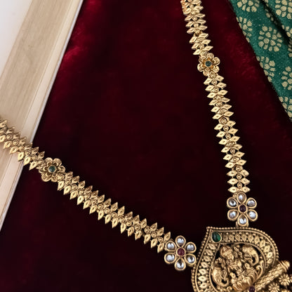 Swarna Long Temple Necklace Set - Pink & Green