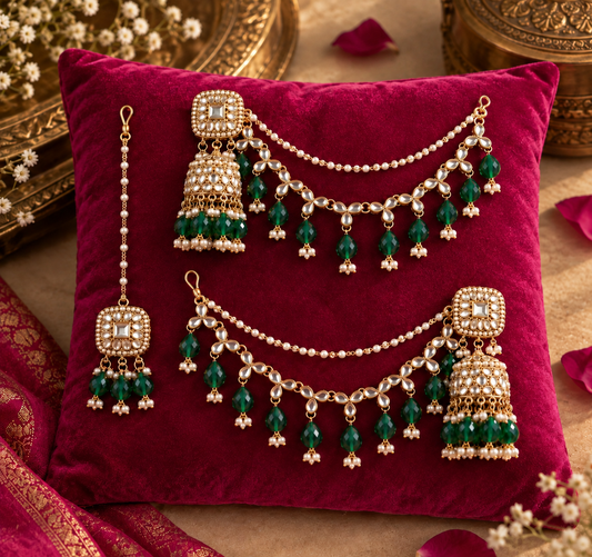Mohika Mirror Jhumka Earrings with Sahara & Tika Set - Green