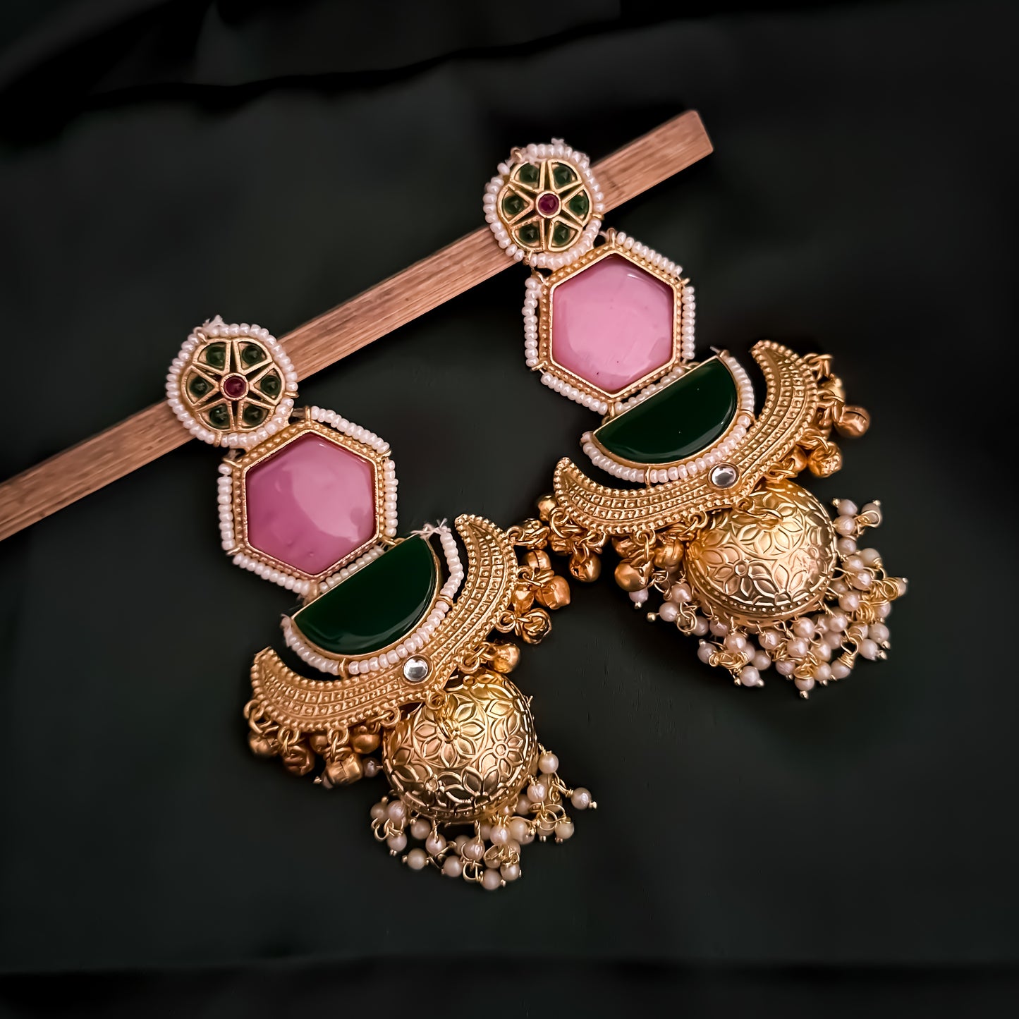 Kaviri Premium Kashmiri Brass Jhumka Ghungroo Earrings - Dark Green & Pink