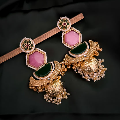 Kaviri Premium Kashmiri Brass Jhumka Ghungroo Earrings - Dark Green & Pink