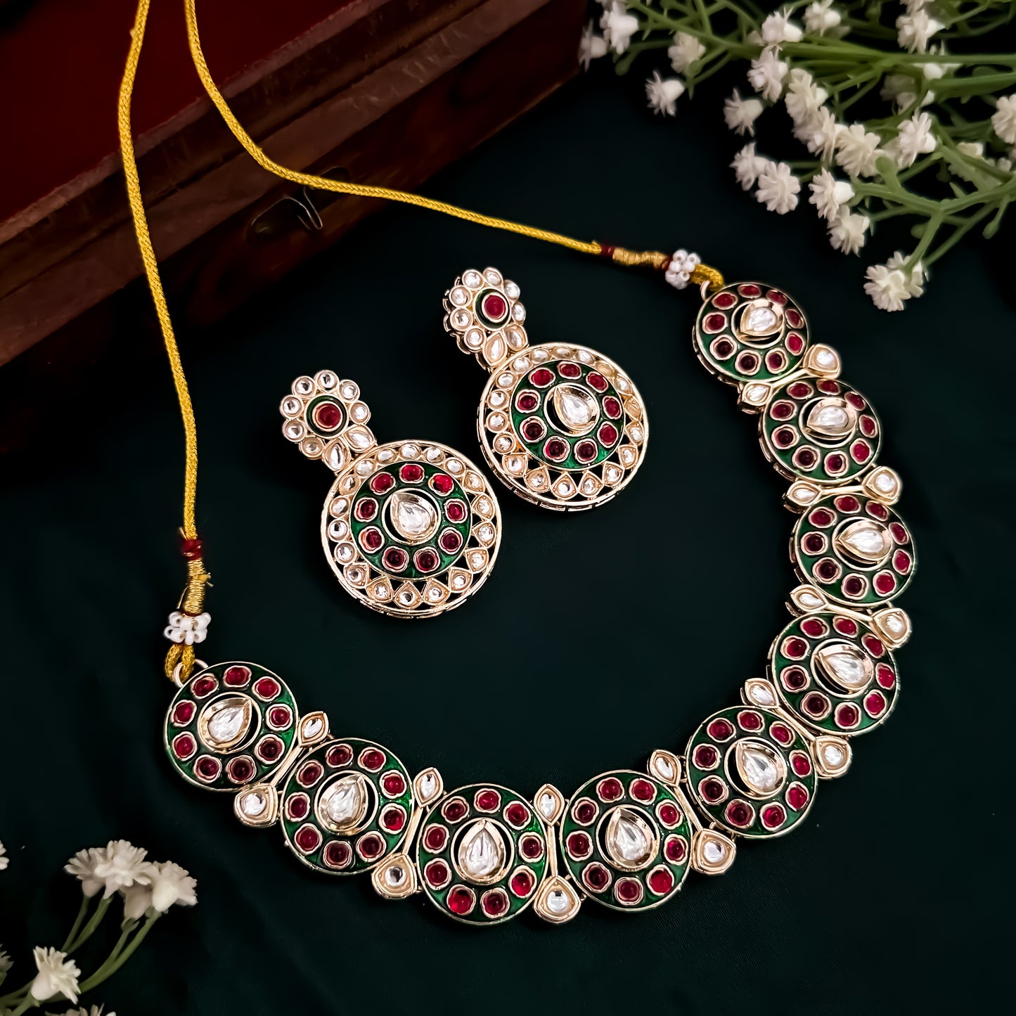 Brinda Kundan Necklace Set- Pink & Green