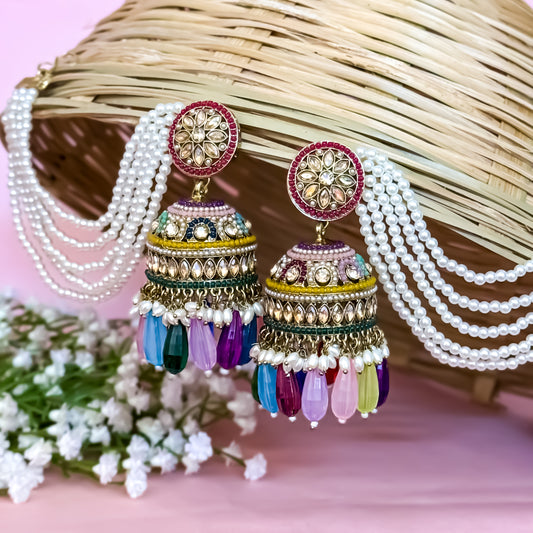 Rubina Jadau Reverse AD Jhumka Earrings with Earchain - Multi