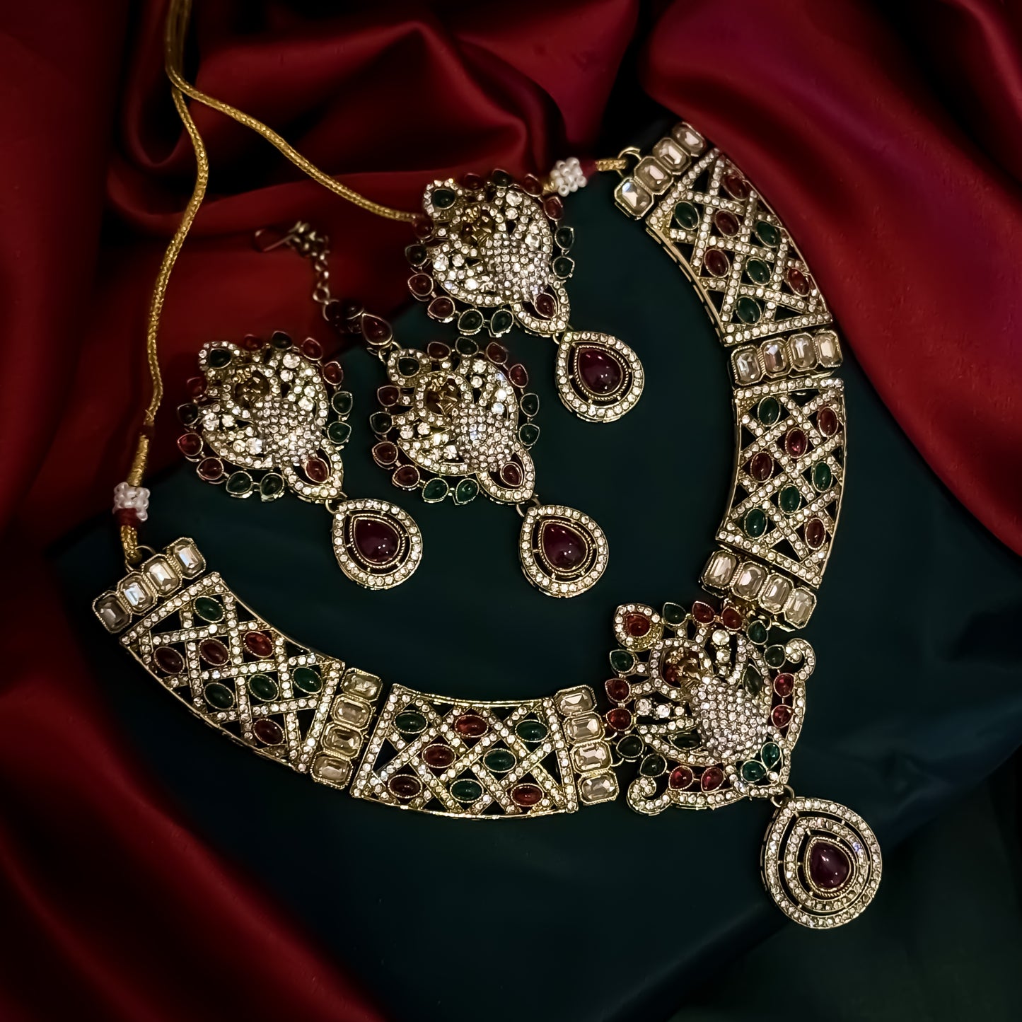 Yasmin Peacock Reverse AD Necklace Set - Pink & Green