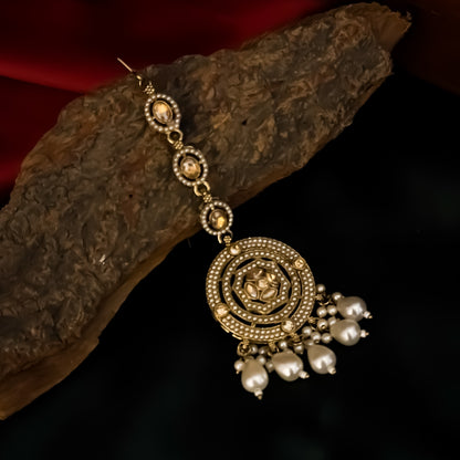Iqra Jadau Reverse AD Jhumka Earrings with Sahara & Teeka - Golden