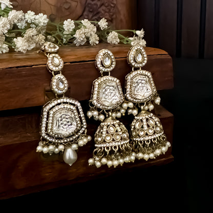 Ranjheya premium antique golden shield shaped jhumka earrings with carved flower mirrors clear cz pave borders and matching maang teeka set