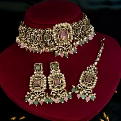 Shipra Premium Victorian AD Style Necklace Set - Pastel Pink & Pastel Green