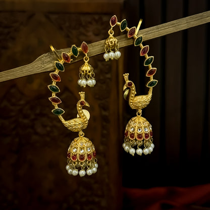 Rene Peacock Premium Kashmiri Brass Earcuff Earrings - Pink & Green