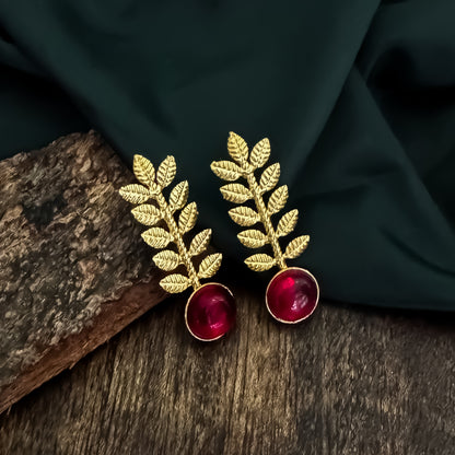 Lina Leaf Drop Handcrafted Brass Earrings - Maroon