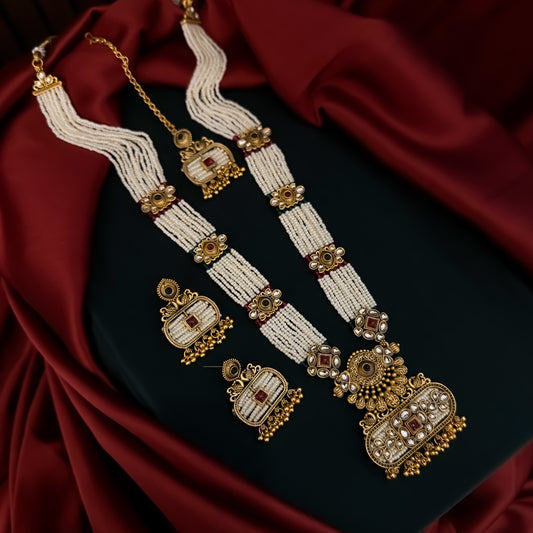 Kinjal Rajwadi Long Necklace Set - Green & Pink