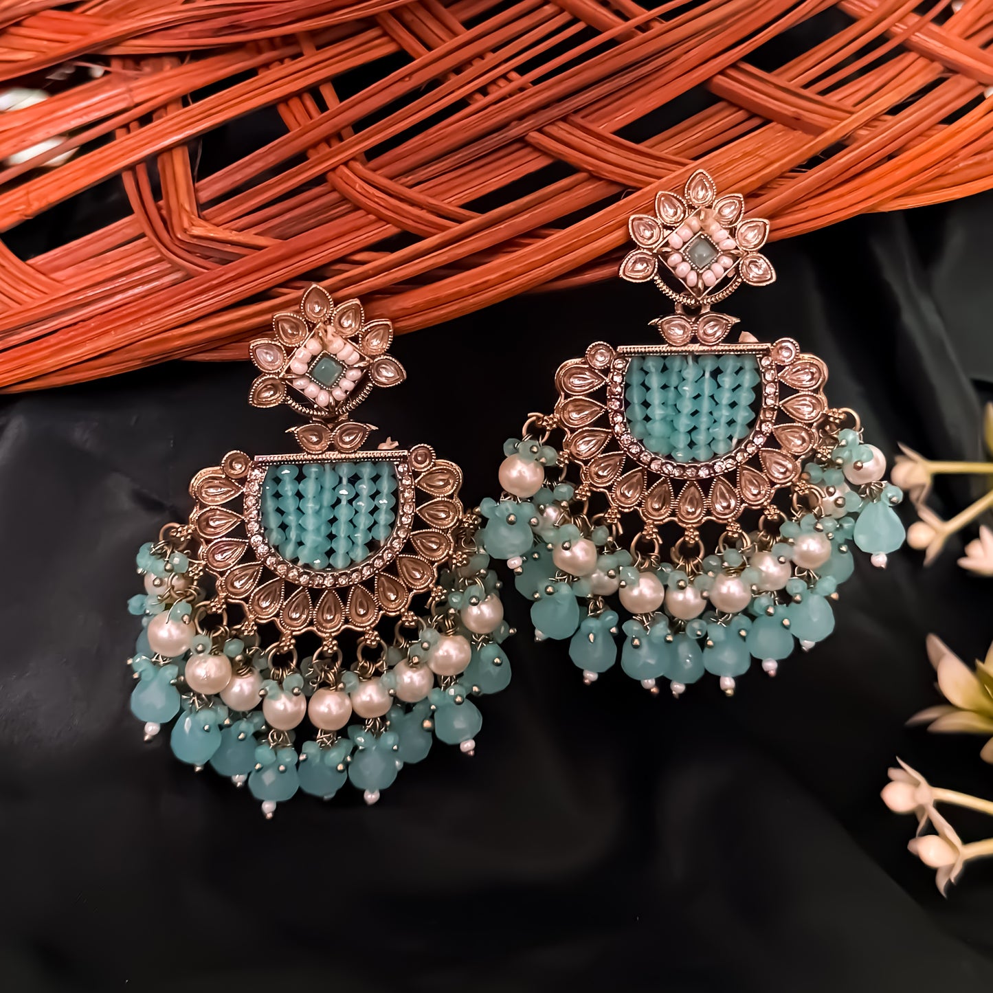 Mansa Kundan Pearl Chandbali - Sky Blue