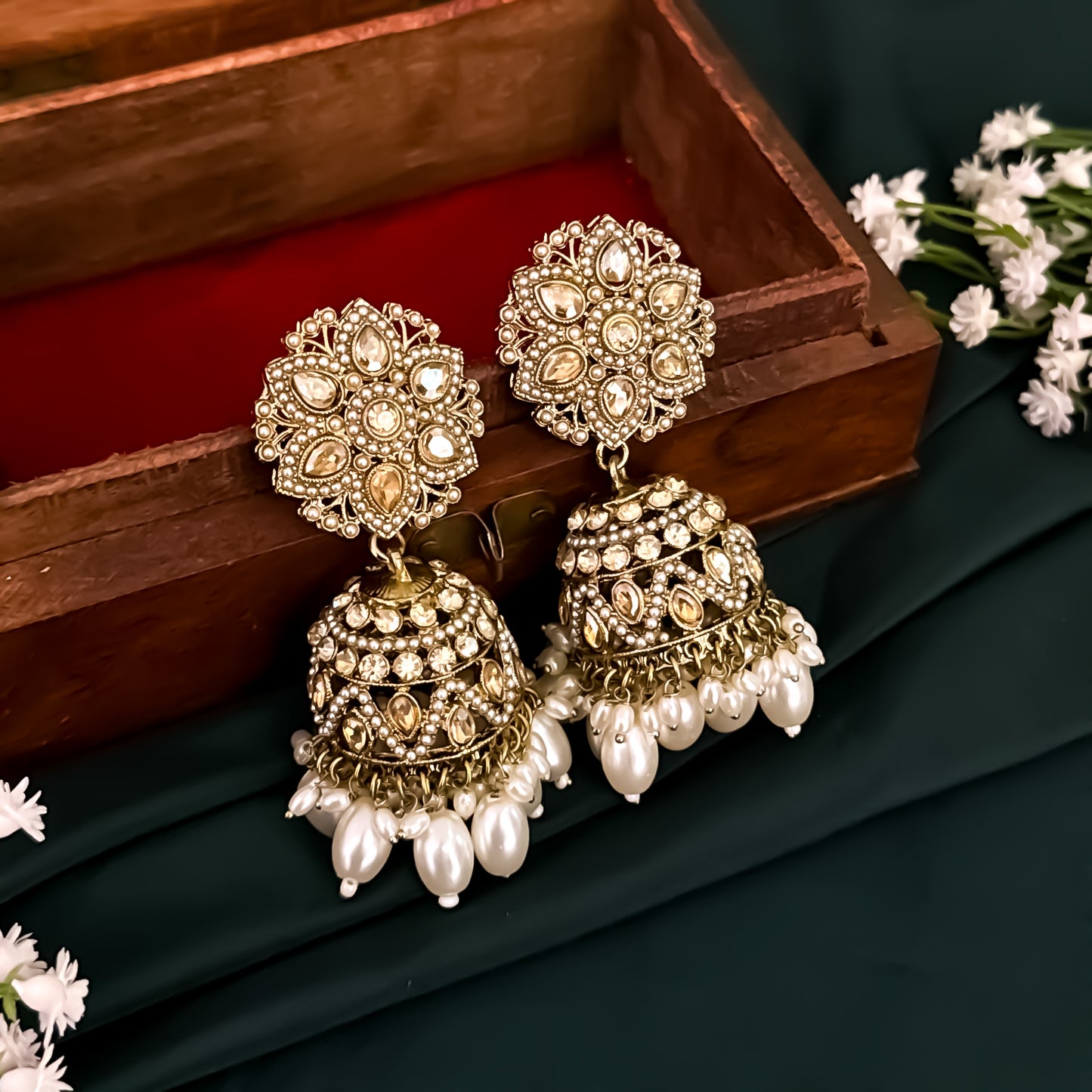 Varuna Jadau Reverse AD Jhumka & Teeka Set - Golden