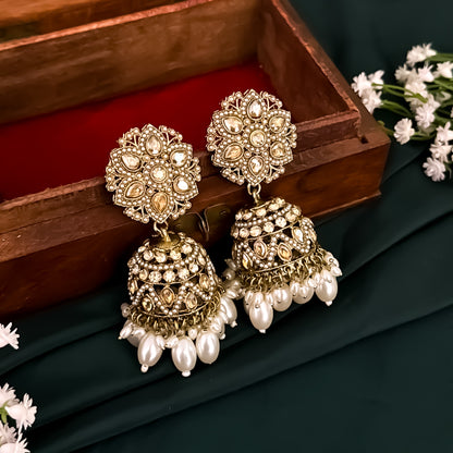 Varuna Jadau Reverse AD Jhumka & Teeka Set - Golden