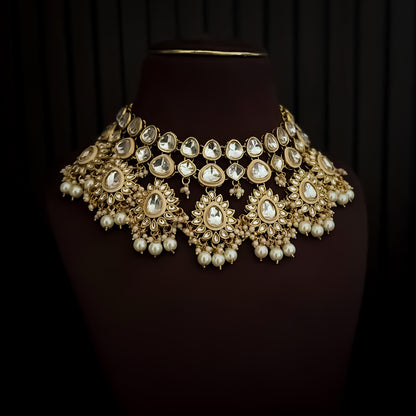 Swaraaj Premium Pearl Kundan Bridal Necklace Set - Golden