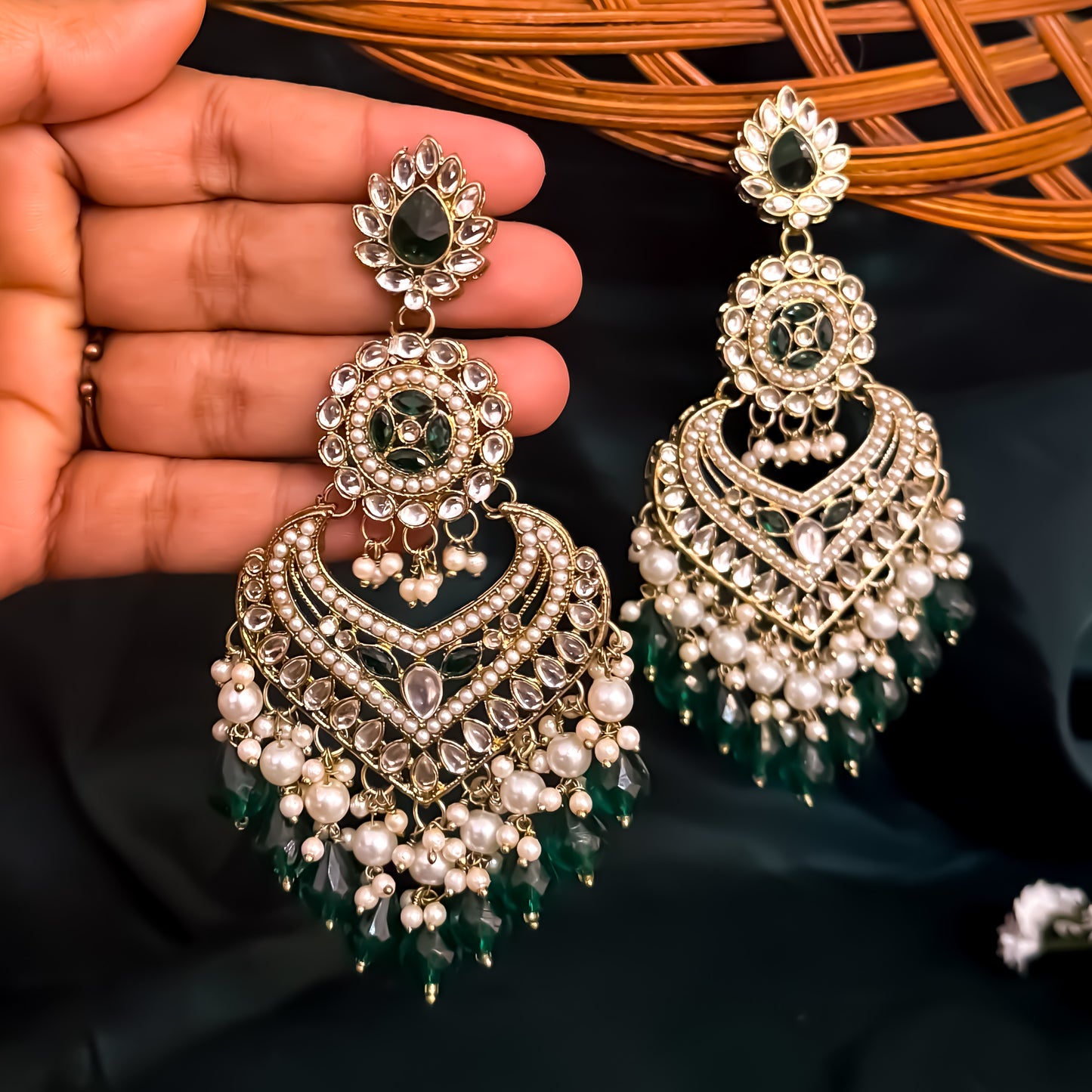 Shaba Jadau Kundan Chandbali Earrings - Green