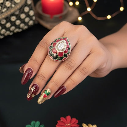 Revati Premium Meenakari Adjustable Ring - Pink & Green