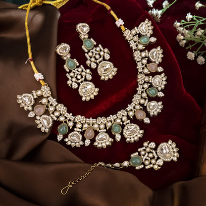 Jehana Premium Polki Lookalike Necklace Set - Pastel Pink & Green