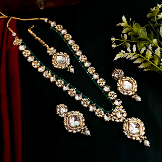 Lahari Kundan Long Necklace Set - Green