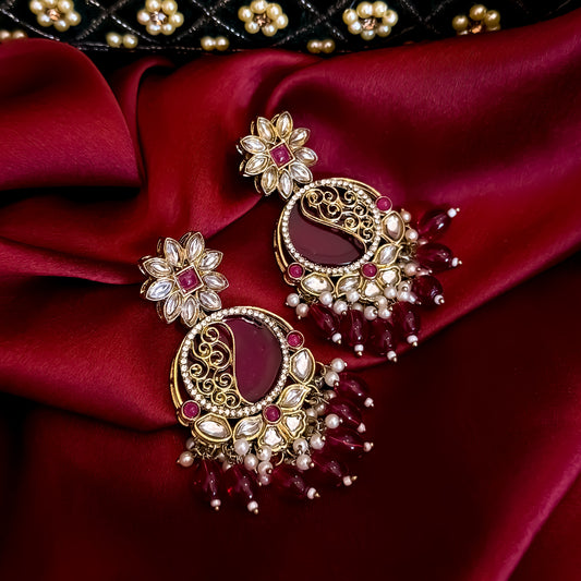 Ishika Premium Cutwork MOP Premium Chandbali Earrings - Magenta Pink