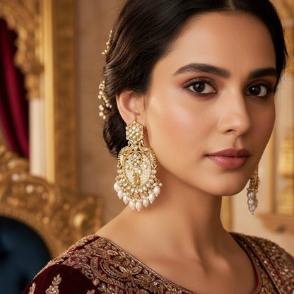 Dhwani Kundan Pearl Chandbali Earrings - Golden