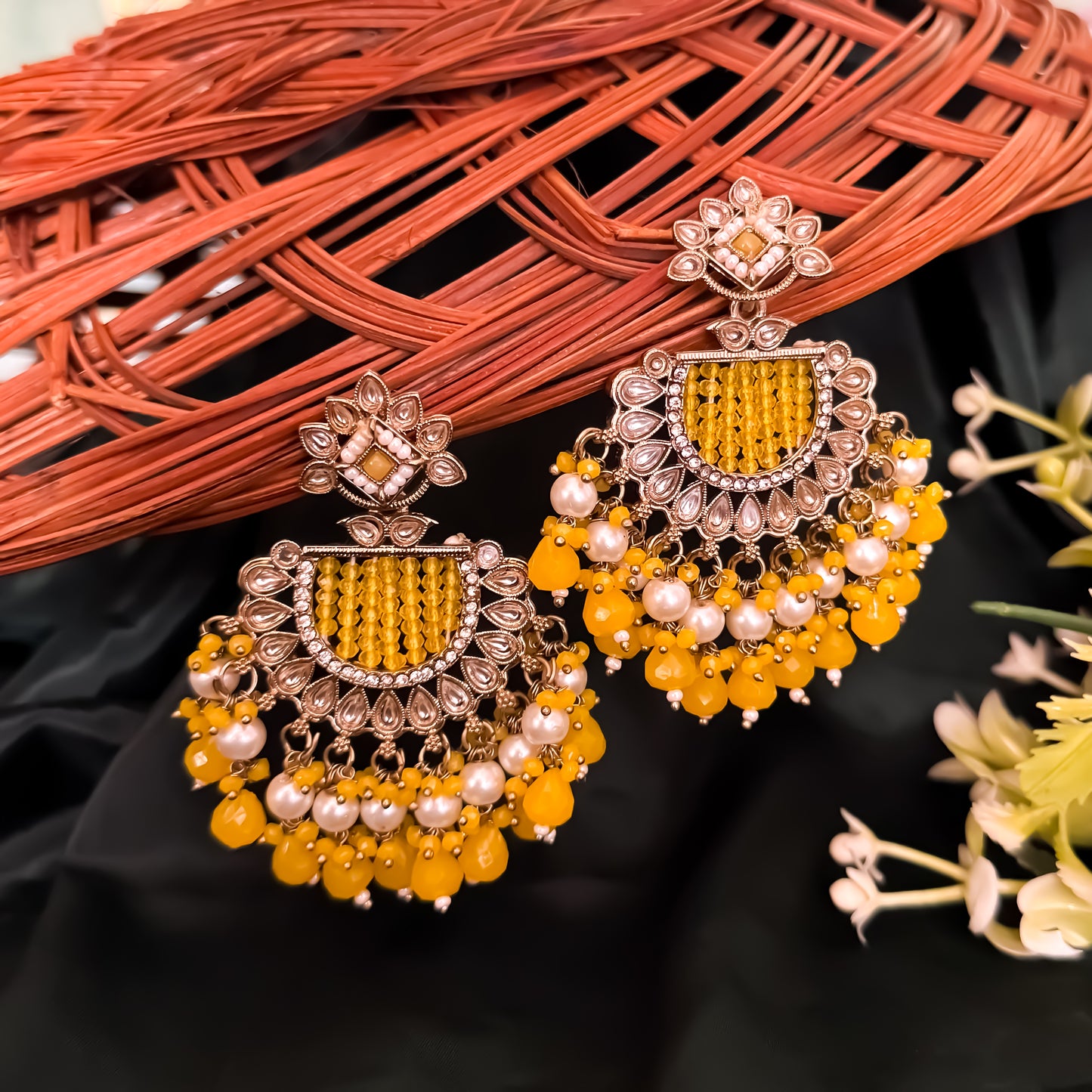 Mansa Kundan Pearl Chandbali - Yellow