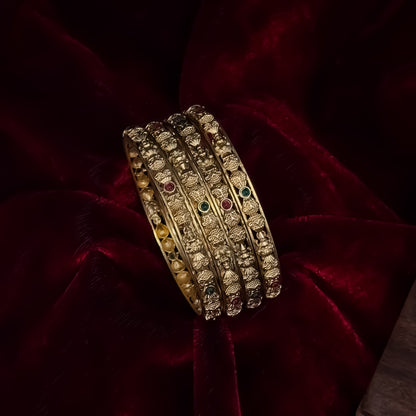 Madhulika Lakshmi Temple Gold Bangles - Pink & Green (Set of 4)