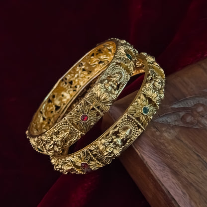 Advika Lakshmi Temple Gold Bangles - Pink & Green (Set of 2)