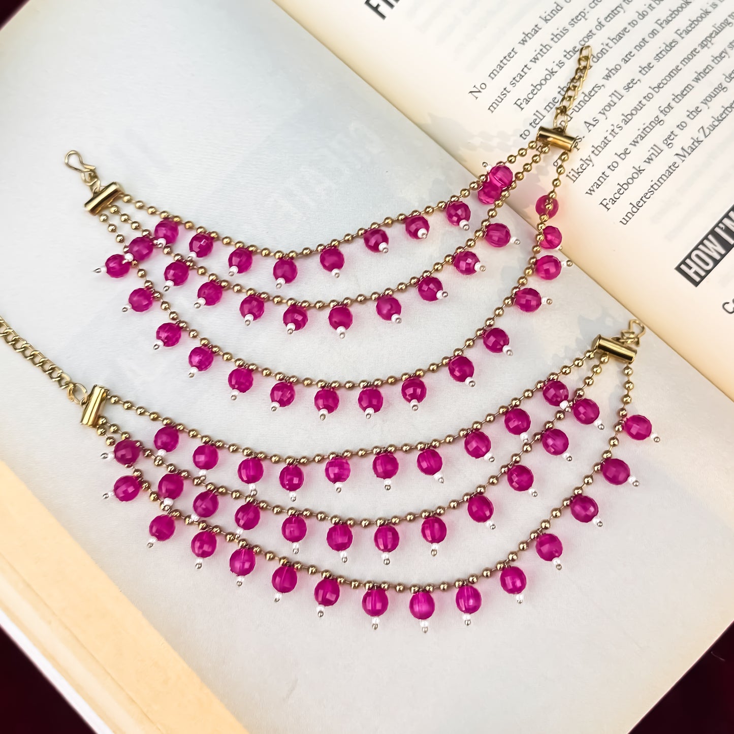 Ishana 3 Layer Pearl Detachable Earchains - Magenta Pink