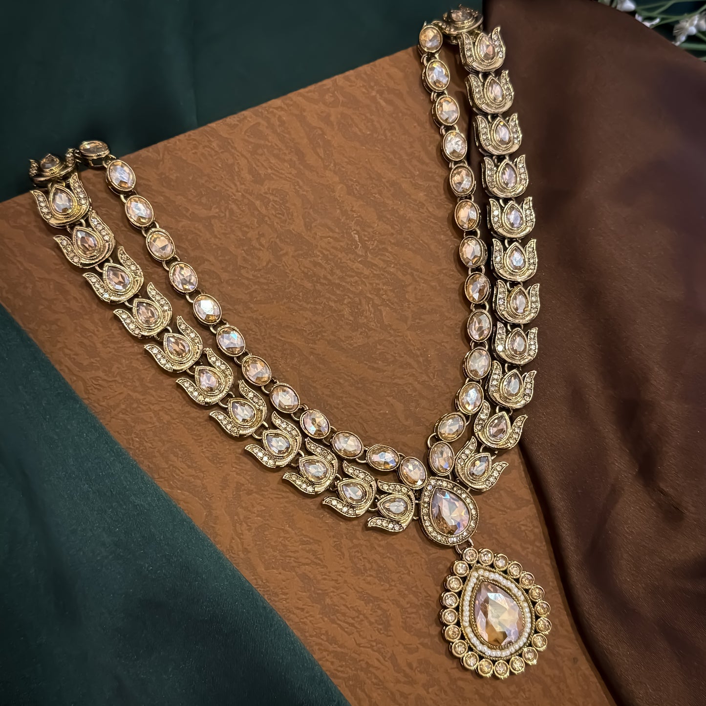 Ashiya Double Layer Designer Zircone Kundan Necklace Set - Golden