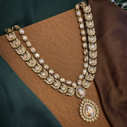 Ashiya Double Layer Designer Zircone Kundan Necklace Set - Golden