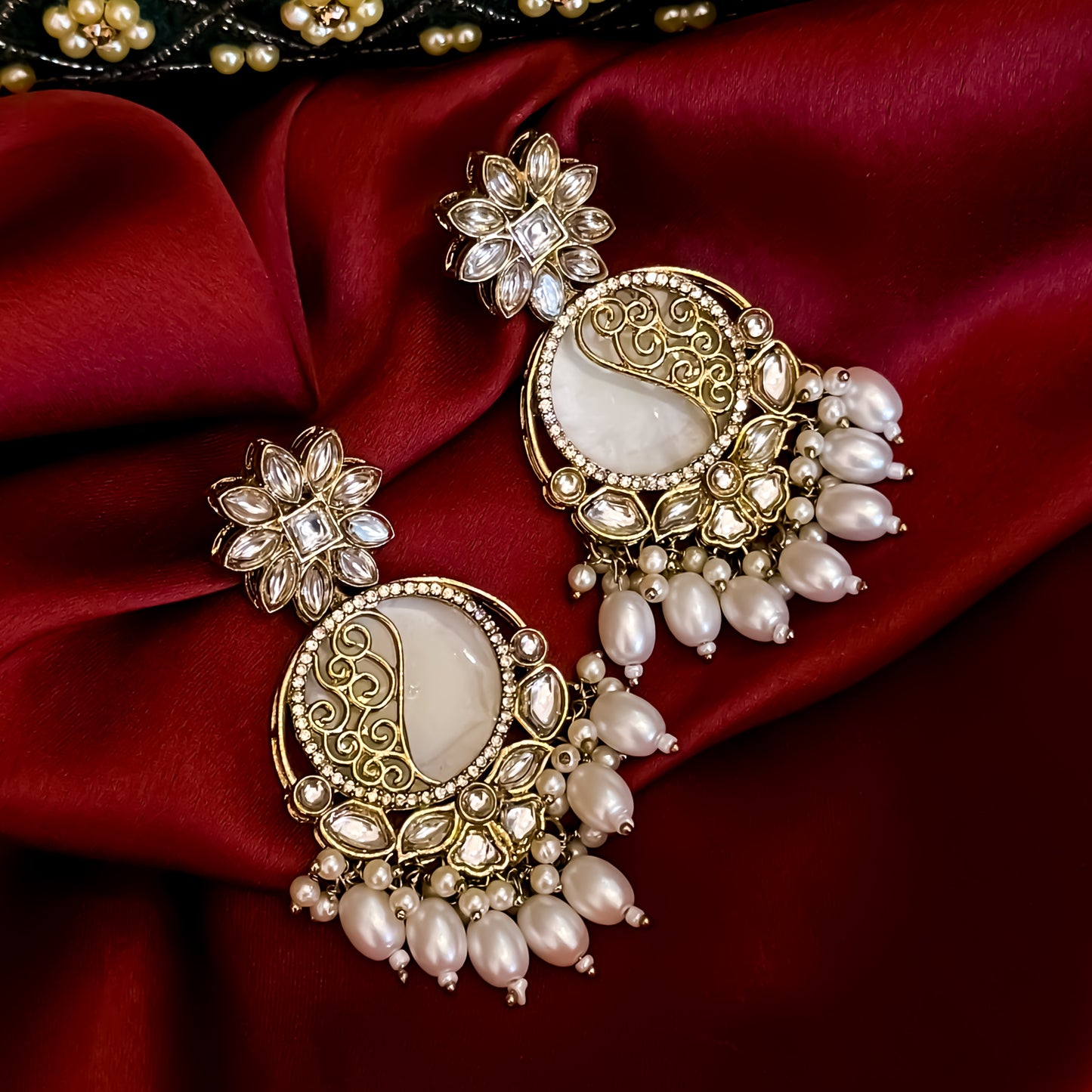 Ishika Premium Cutwork MOP Premium Chandbali Earrings - Golden