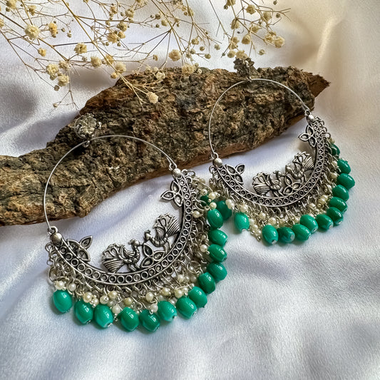 Mogra Pearl Chandbali Earrings - Teal Blue