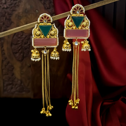 Jeenal Kashmiri Brass Ghungroo Earrings - Pastel Pink & Pastel Green