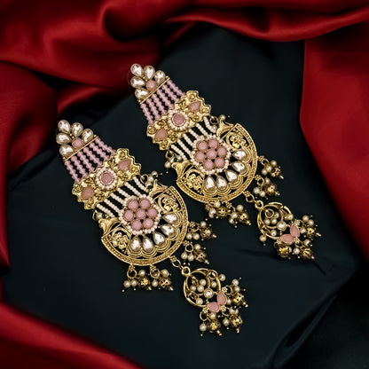 Raaj Rani Fusion Chandbali Earrings - Baby Pink
