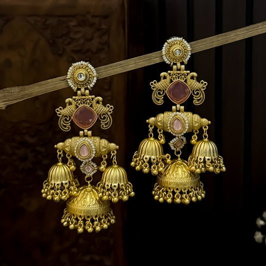 Falak Premium Kashmiri Matte Polish Jhumka Earrings - Pastel Pink