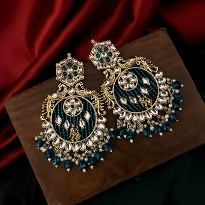 Dhwani Kundan Pearl Chandbali Earrings - Peacock Blue